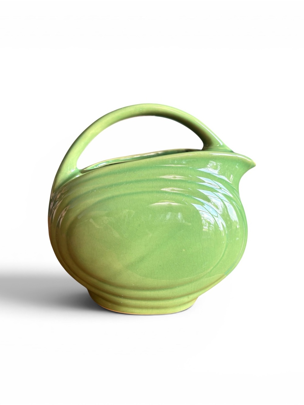 Vintage Over And Back Yellow Ware Green Ceramic Disc Pitcher 64oz Fiesta Style